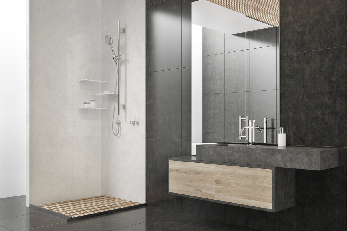 Douche d’angle marque Vipanel, panneau mural type Mat perle, couleur marbre blanc.