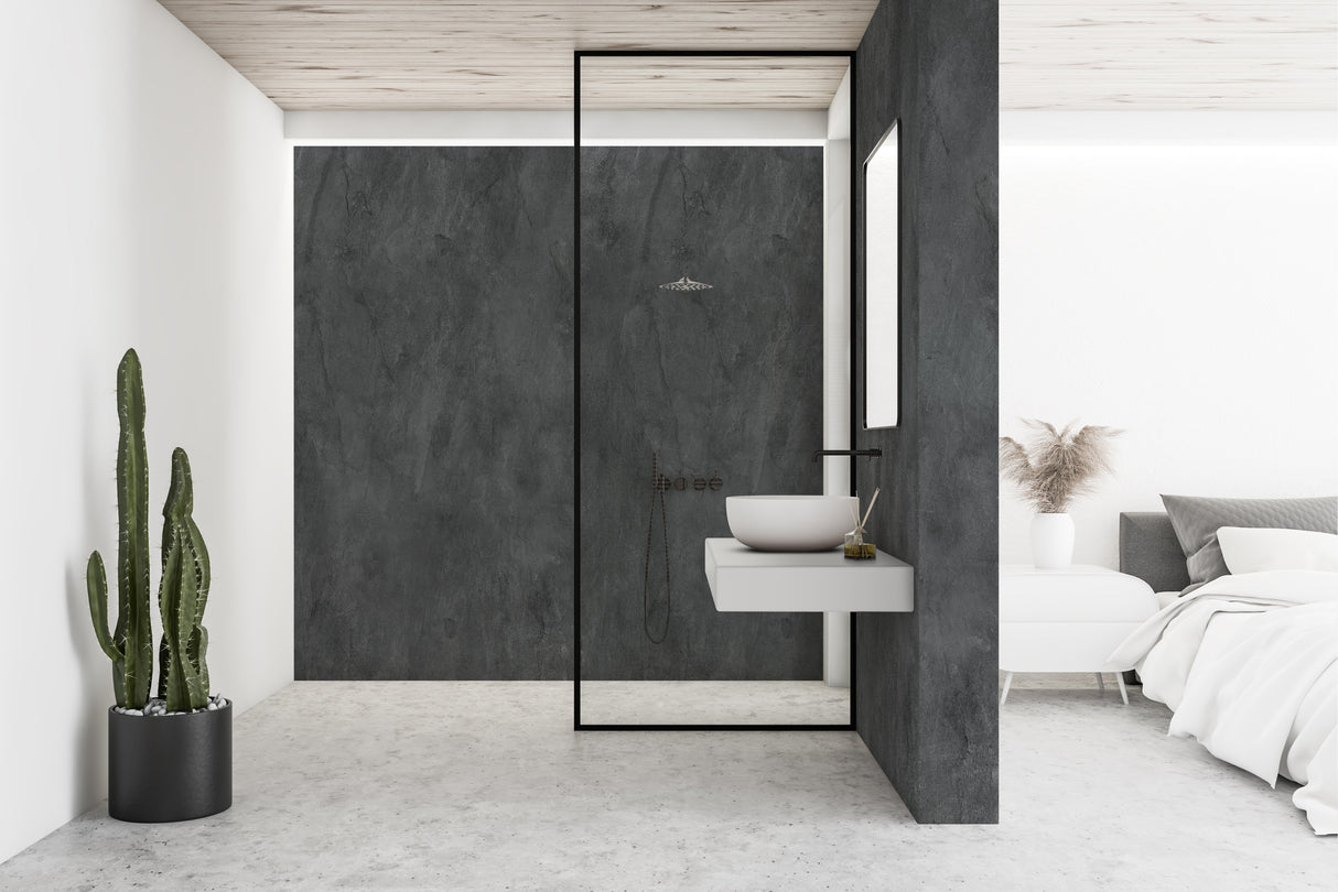 Douche italienne VIPANEL, panneau mural salle de bain, couleur béton noir mat, design moderne.