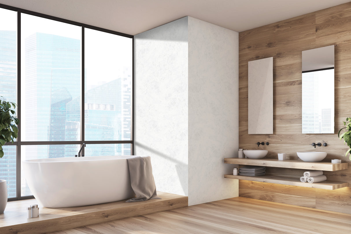 Salle de bain moderne avec panneau mural Vipanel, type mat perle, marbre blanc