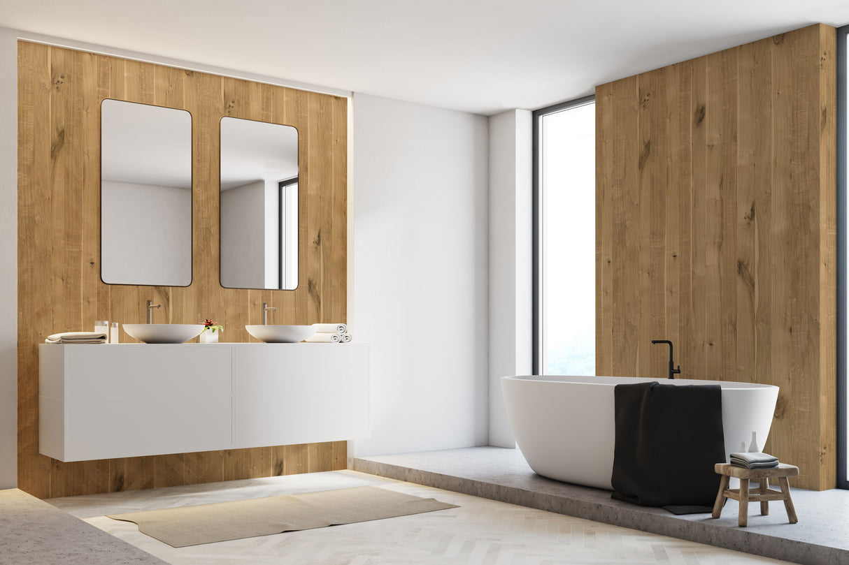 Panneau mural VIPANEL, panneau de salle de bain couleur bois chêne sauvage, ambiance moderne