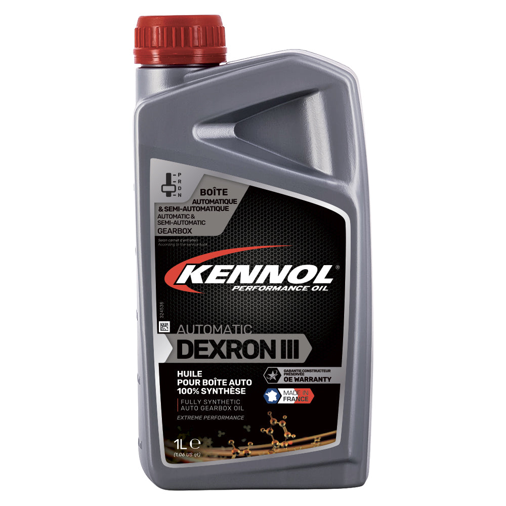 Huile de boîte de vitesses automatique marque Kennol, type Dexron III, bidon gris.