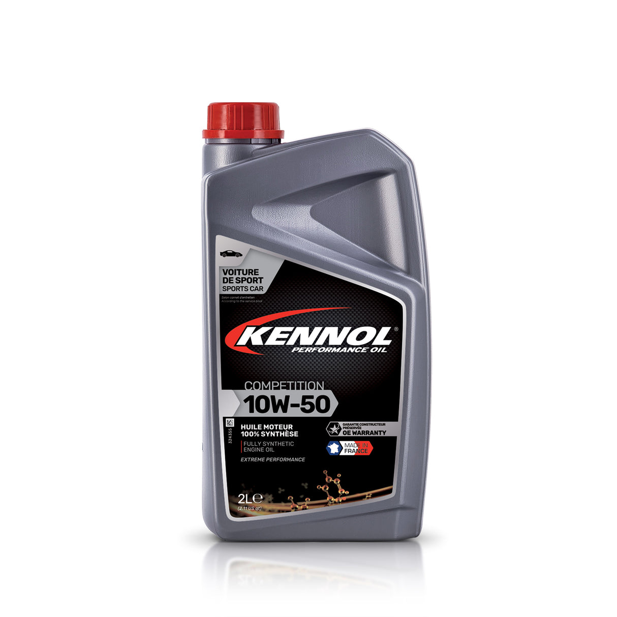 Huile moteur grise KENNOL Competition 10W-50, synthétique, bouchon rouge, 2L.