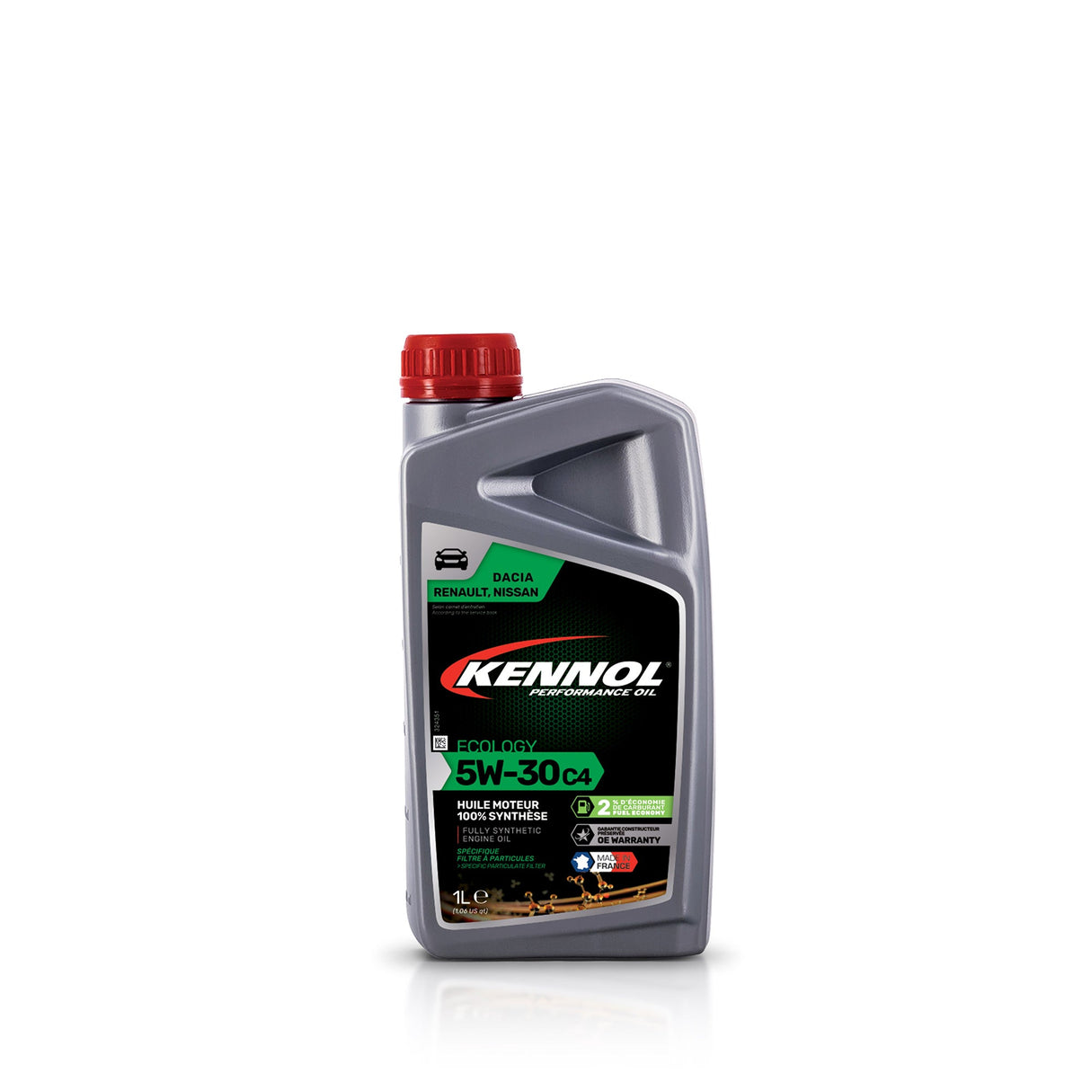 Huile moteur KENNOL 5W-30 C4 grise, bidon 1L avec bouchon rouge.