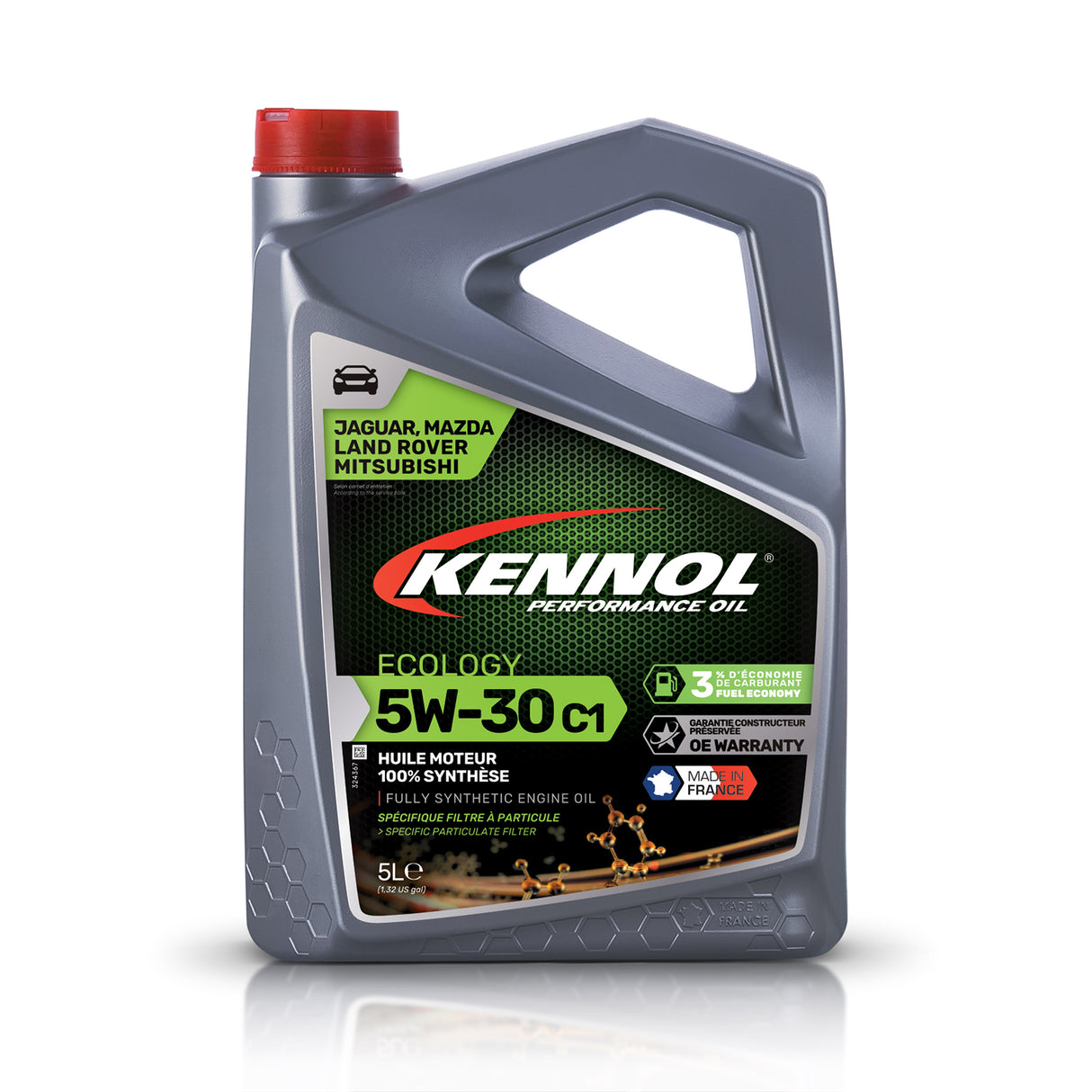Bidon gris d’huile moteur Kennol Ecology 5W-30 C1, 5L, bouchon rouge, pour voiture.