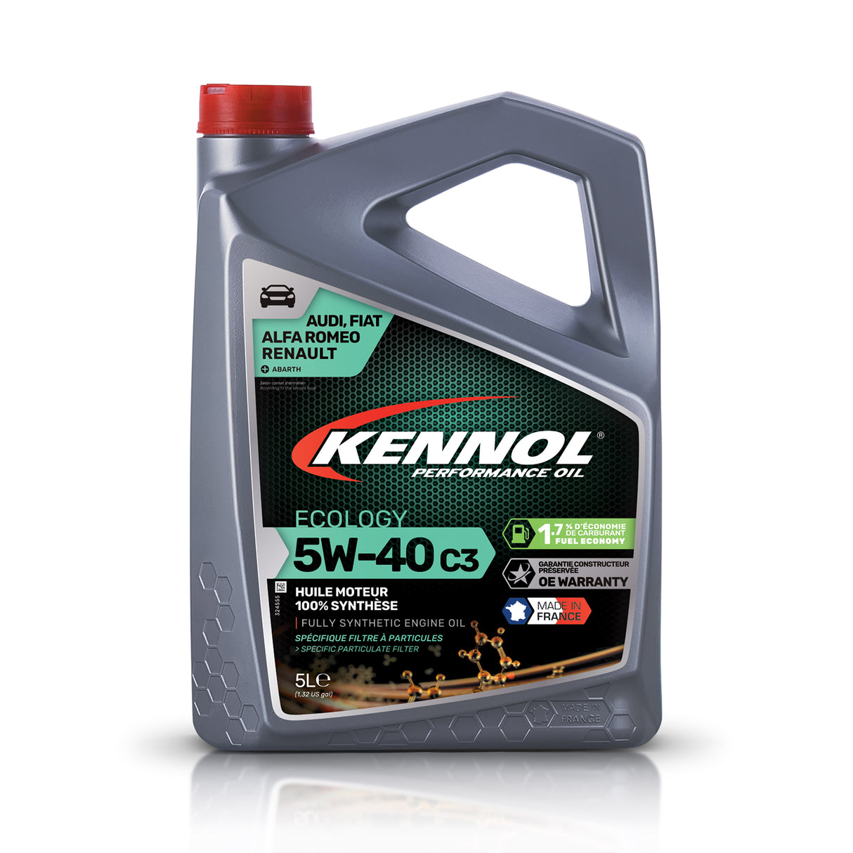 Bidon gris d'huile moteur KENNOL Ecology 5W-40 C3, 5L, synthèse, étiquette verte et noire.