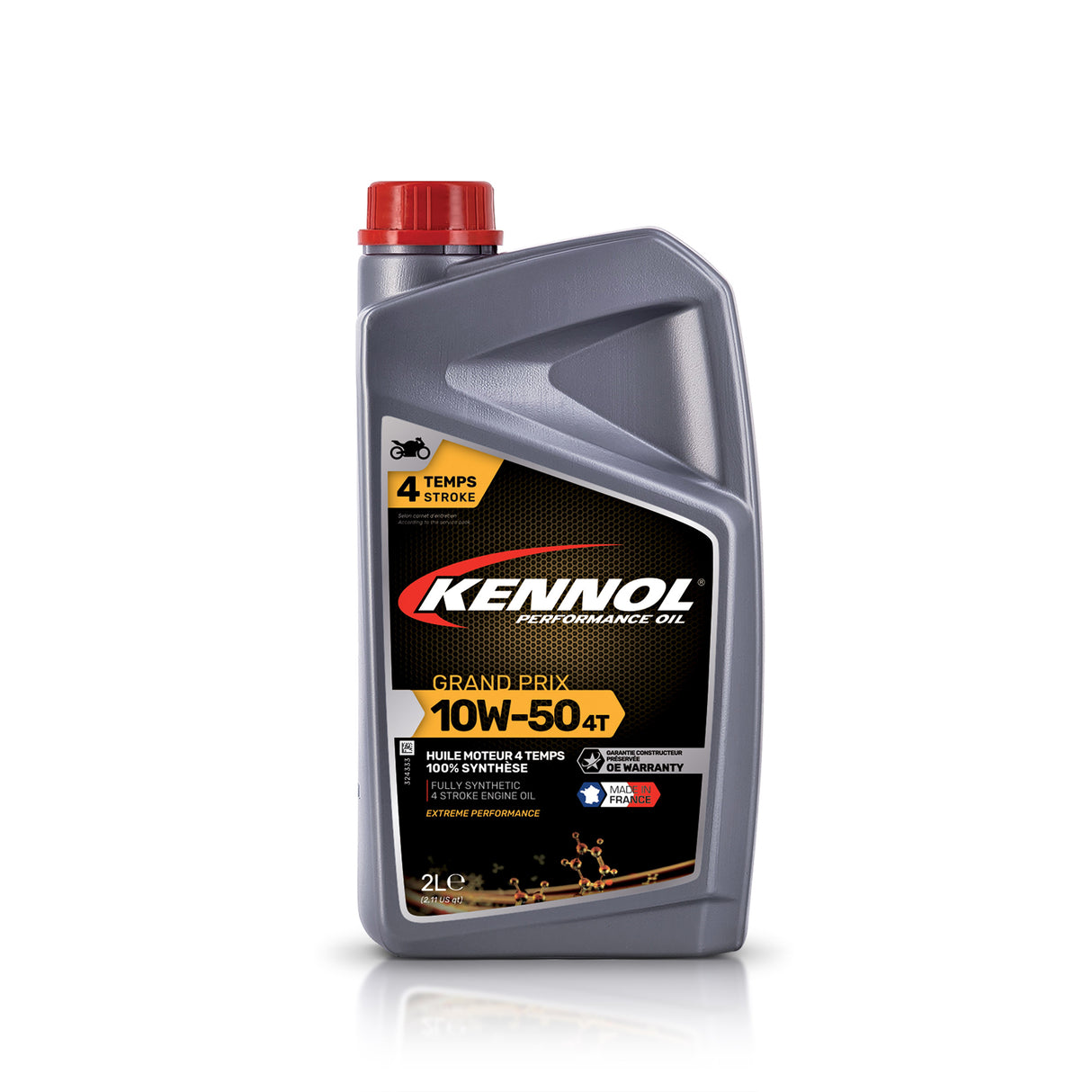 Huile moteur Kennol 4 temps, synthétique, bidon gris, bouchon rouge, 10W-50.