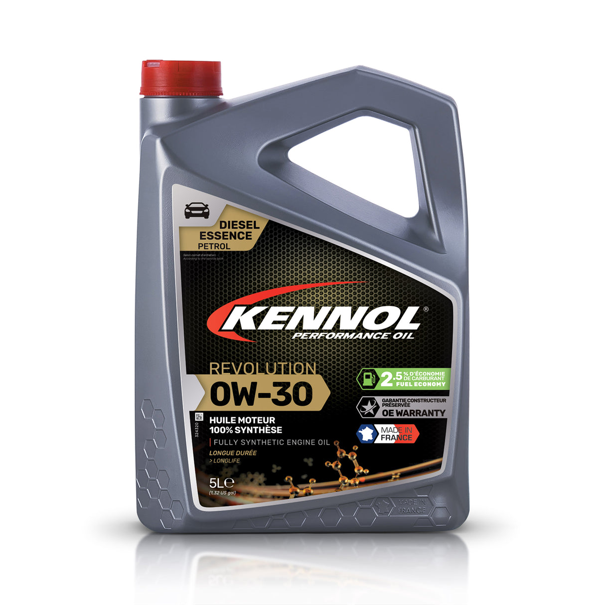 Bidon gris d'huile moteur synthétique Kennol 0W-30, 5L.