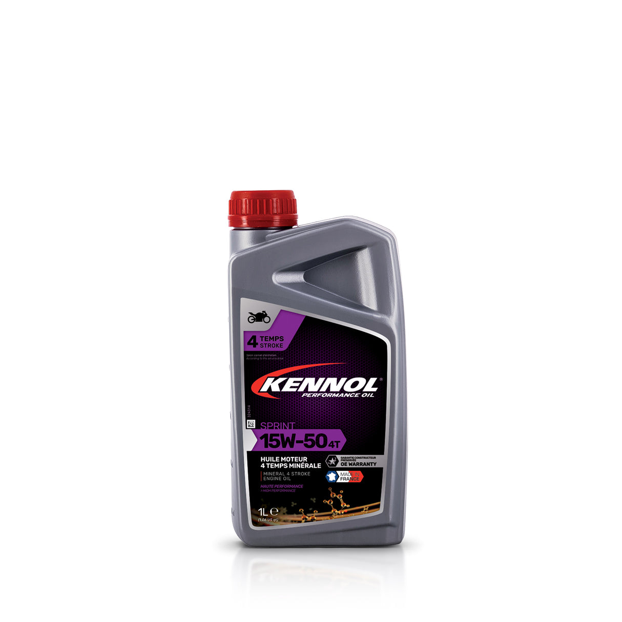 Bidon gris d'huile moteur Kennol, type 15W-50, pour moto, bouchon rouge.