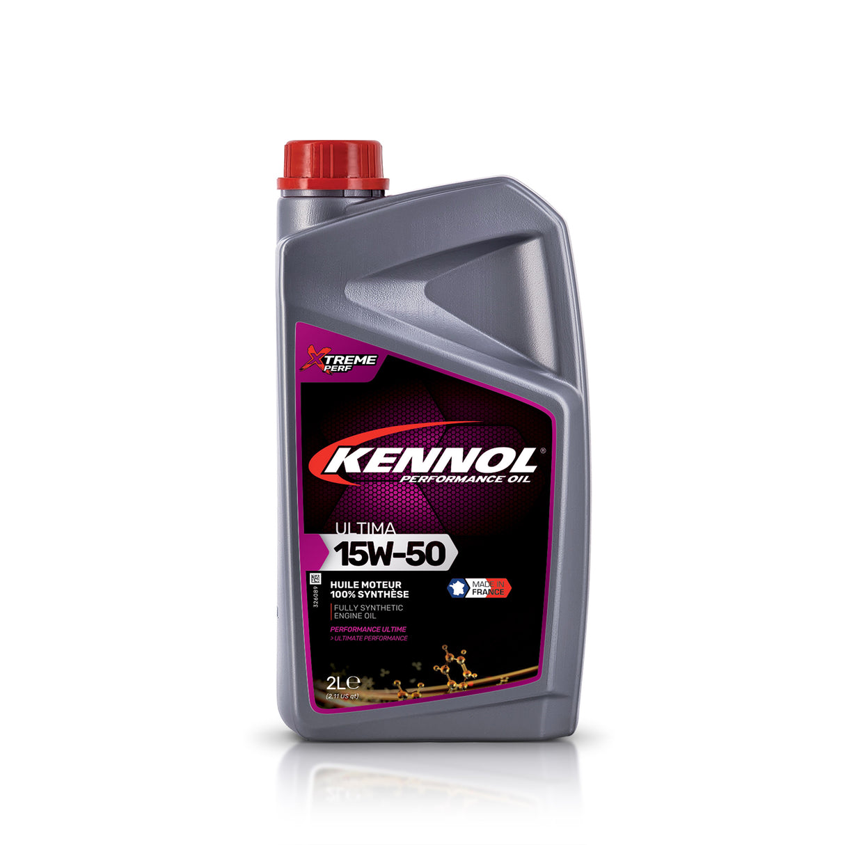 Huile moteur grise Kennol Ultima 15W-50, bidon de 2L, bouchon rouge.