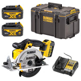 Scie circulaire sans fil DeWalt jaune et noire, avec batteries, chargeur et coffret.