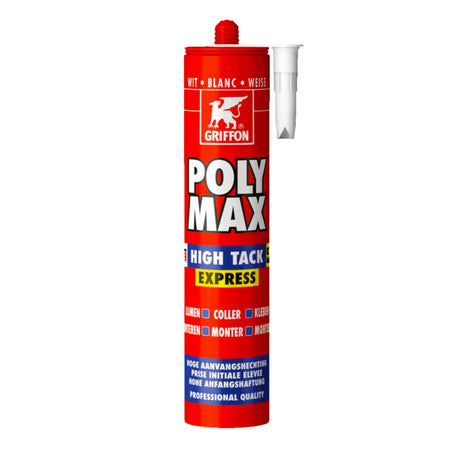 Cartouche de colle Griffon Poly Max, adhésif blanc, tube rouge, pour outillage et plomberie.