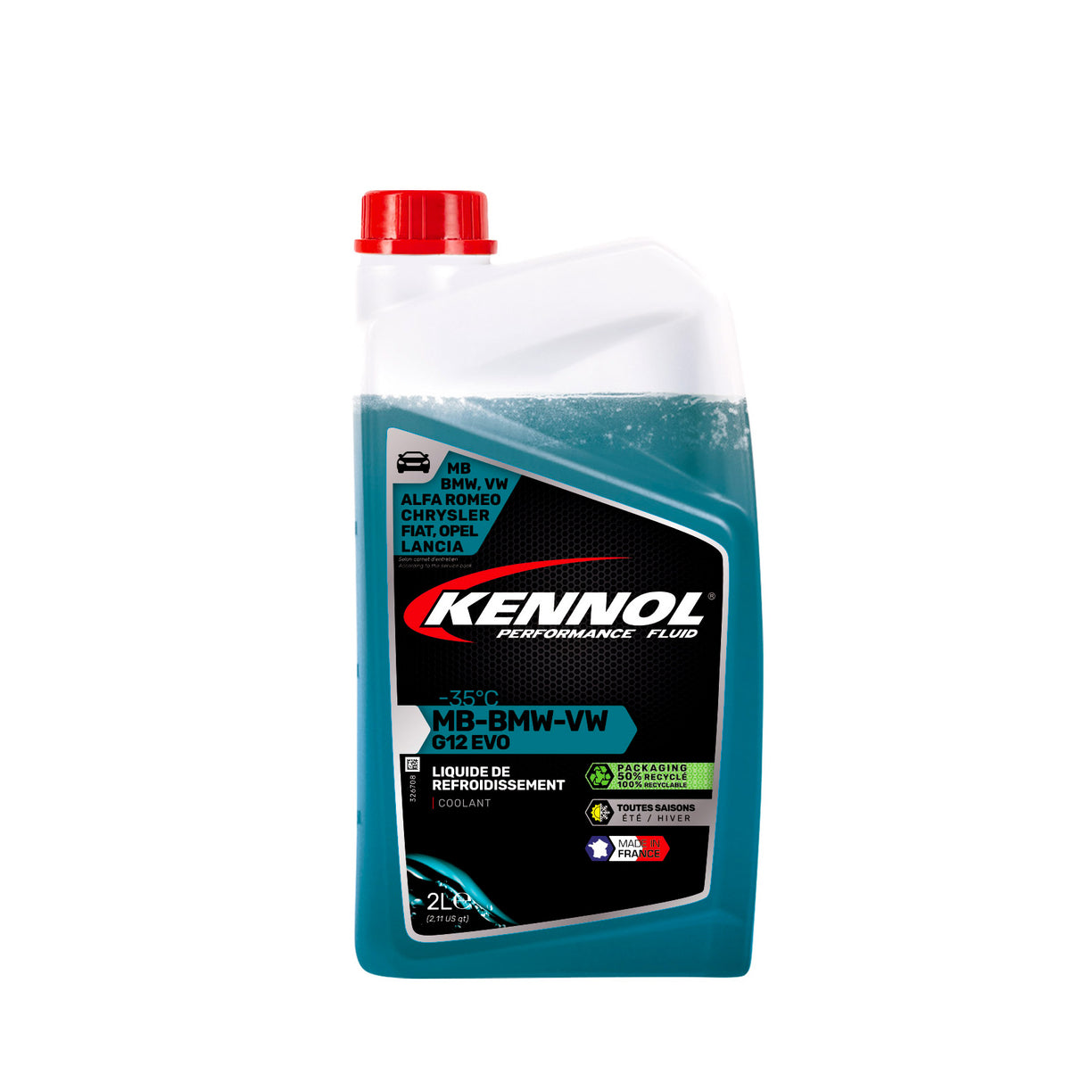 Liquide de refroidissement bleu Kennol G12 EVO 2L, bouchon rouge, pour MB-BMW-VW