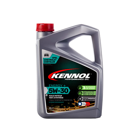Bidon gris d'huile moteur synthétique Kennol 5W-30, type huile moteur, couleur gris.