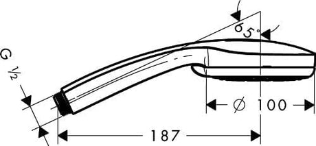 Douchette Grohe, coloris chrome, schéma technique avec dimensions et angle d'inclinaison