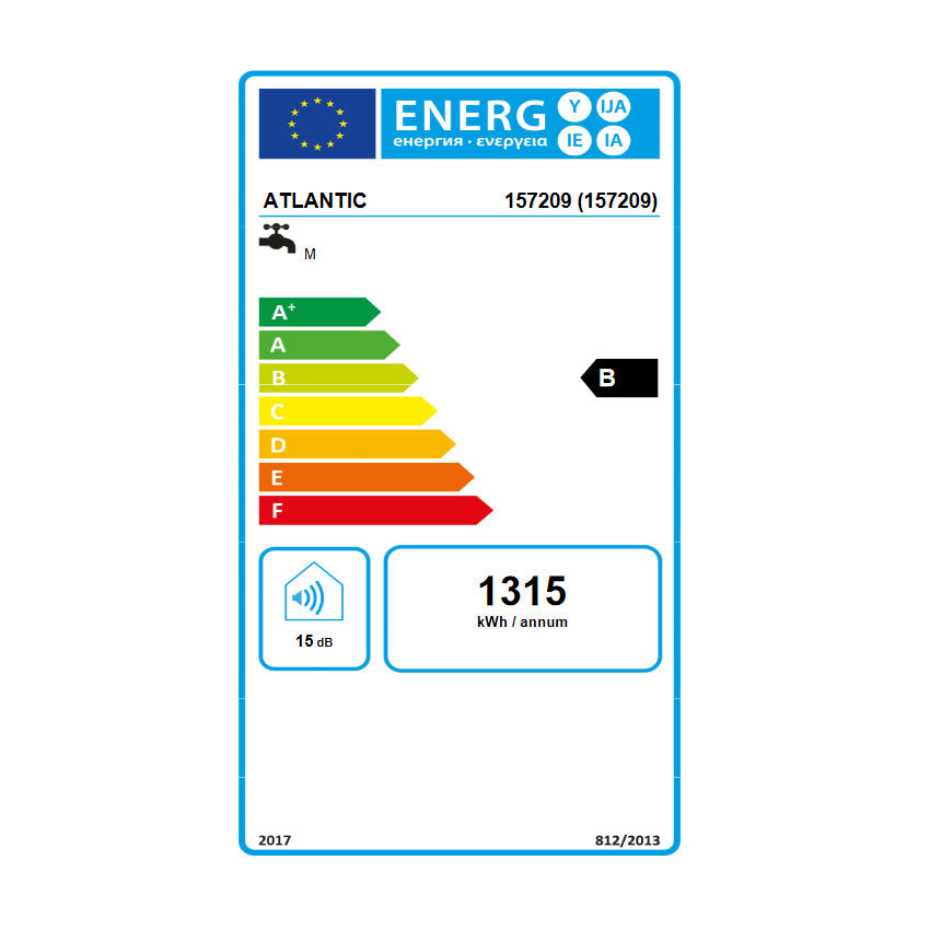 Étiquette énergie Atlantic, chauffe-eau, classe B, blanc, consommation 1315 kWh/an
