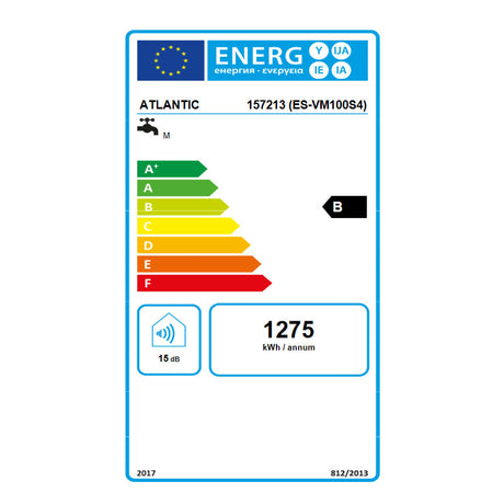 Étiquette énergie chauffe-eau ATLANTIC classe B, modèle blanc, consommation 1275 kWh/an