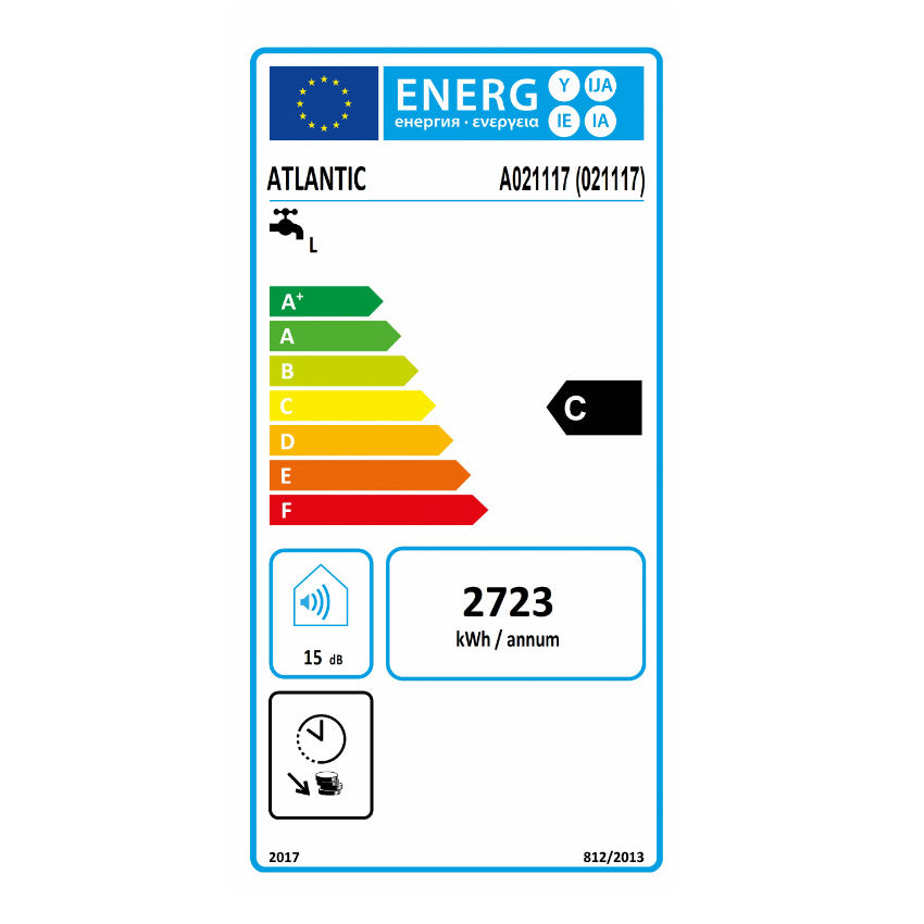 Étiquette énergie marque Atlantic, produit chauffe-eau, classe C, couleur multicolore.