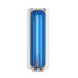 Chauffe-eau blanc, marque non visible, coupe verticale montrant l'intérieur, couleur bleu et blanc
