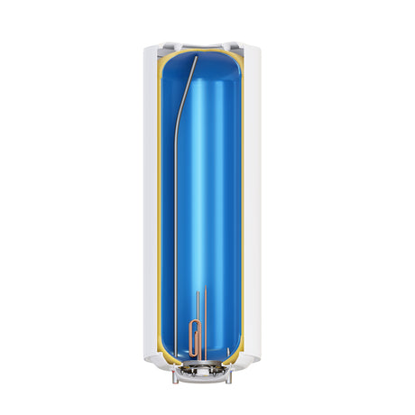Chauffe-eau blanc, marque non visible, coupe verticale montrant l'intérieur, couleur bleu et blanc