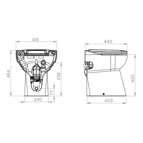 Cuvette WC compacte Sanicompact 43 Eco+ avec broyeur intégré de la marque SFA, vue de face avec détails du broyeur.