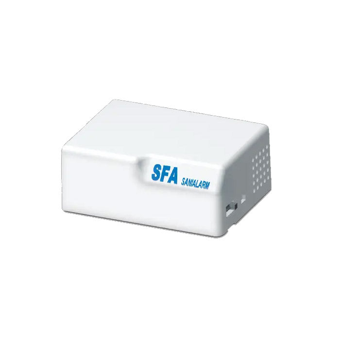 Alarme sonore SFA Sanialarm pour sanibroyeur, dispositif d'alerte en cas de problème, visible avec son boîtier compact blanc.