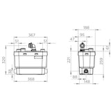 Pompe de relevage eaux grises SFA SANIVITE+ avec moteur et tuyaux pour évacuation efficace des eaux usées.
