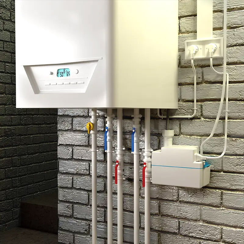Pompe de relevage de condensats Sanicondens Eco de la marque SFA, montrant le dispositif compact et connecté pour gaz.