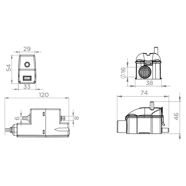 Pompe de relevage Sanicondens Clim Mini S de SFA pour condensats, vue de l'appareil avec composants visibles.