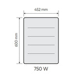 Radiateur électrique blanc, marque non précisée, dimensions 452x600 mm, puissance 750 W