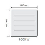 Radiateur blanc de marque inconnue, carré 600x600 mm, puissance 1000W, schéma technique.