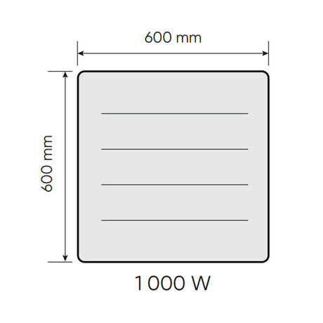Radiateur blanc de marque inconnue, carré 600x600 mm, puissance 1000W, schéma technique.
