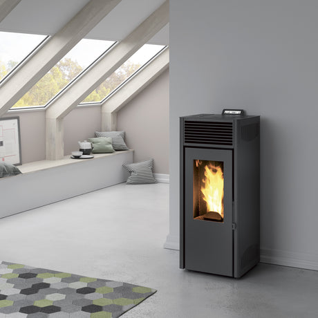 Invicta Poêle à granulés acier Nola 10 noir flamme verte (35 à 120m²) - 9,5kw - Mister PRO