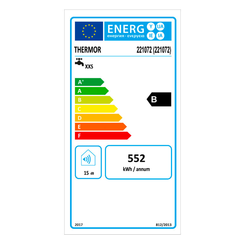 Étiquette énergie chauffe-eau Thermor, classe B, blanc, consommation annuelle 552 kWh