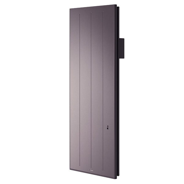 Radiateur vertical violet anthracite, marque Thermor, design moderne à panneaux plats.