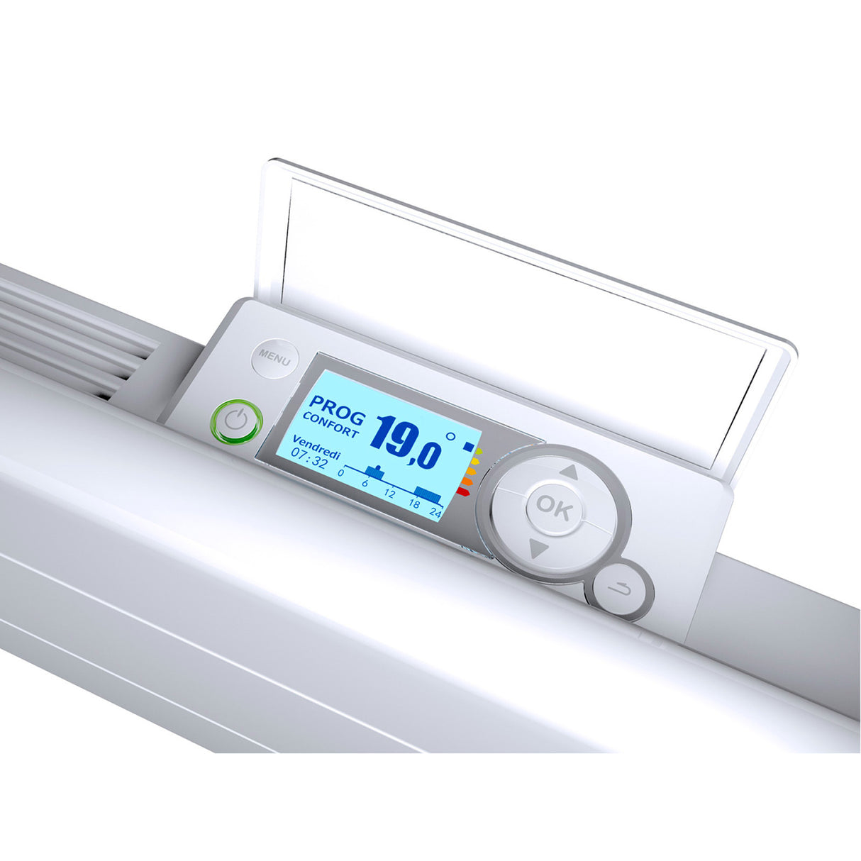Radiateur blanc Noirot avec écran de contrôle digital, boutons gris, température affichée