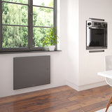 Radiateur Atlantic panneau mural gris, type chauffage électrique, couleur gris, dans une cuisine moderne.