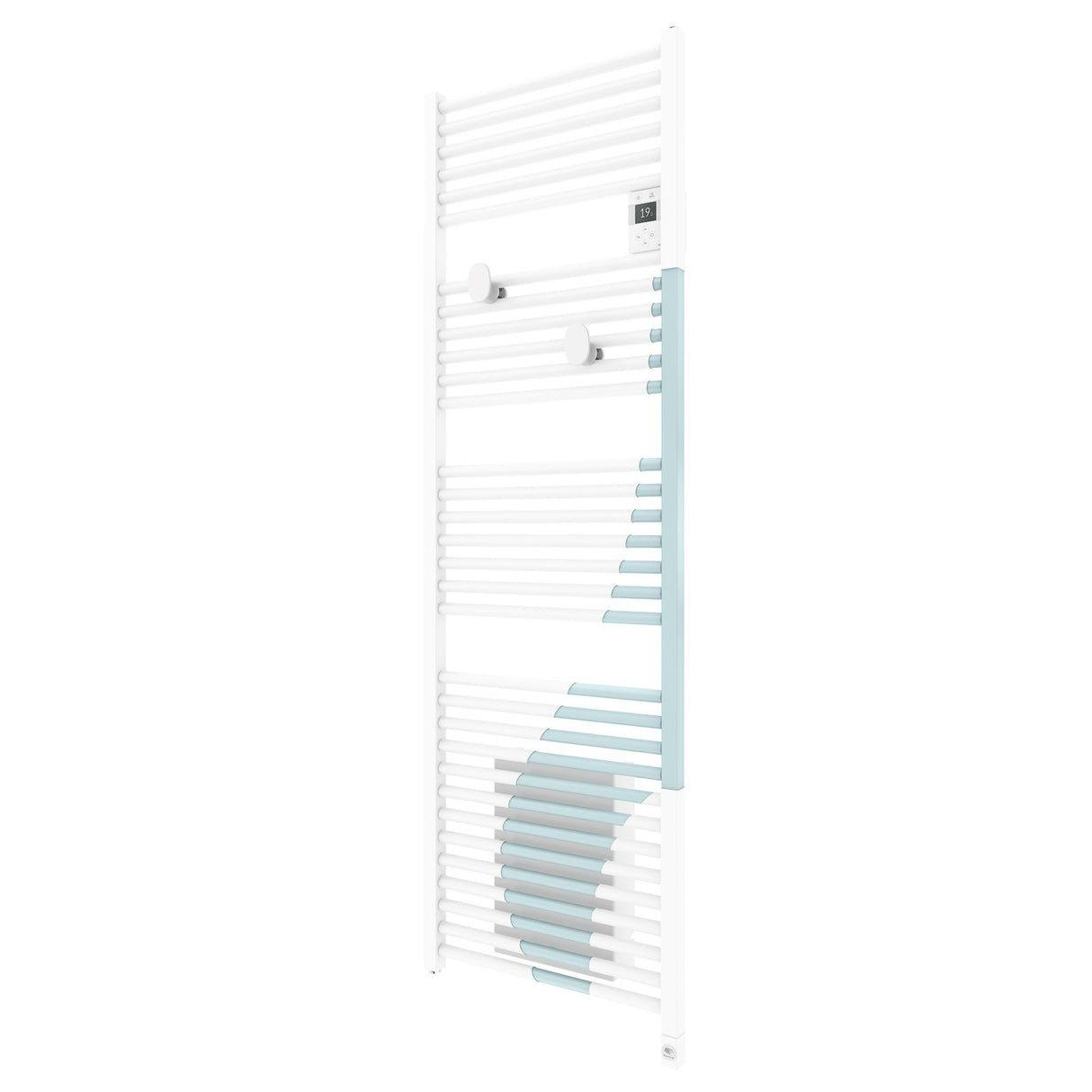 Sèche-serviettes Atlantic, radiateur électrique blanc et bleu avec panneau de contrôle digital.
