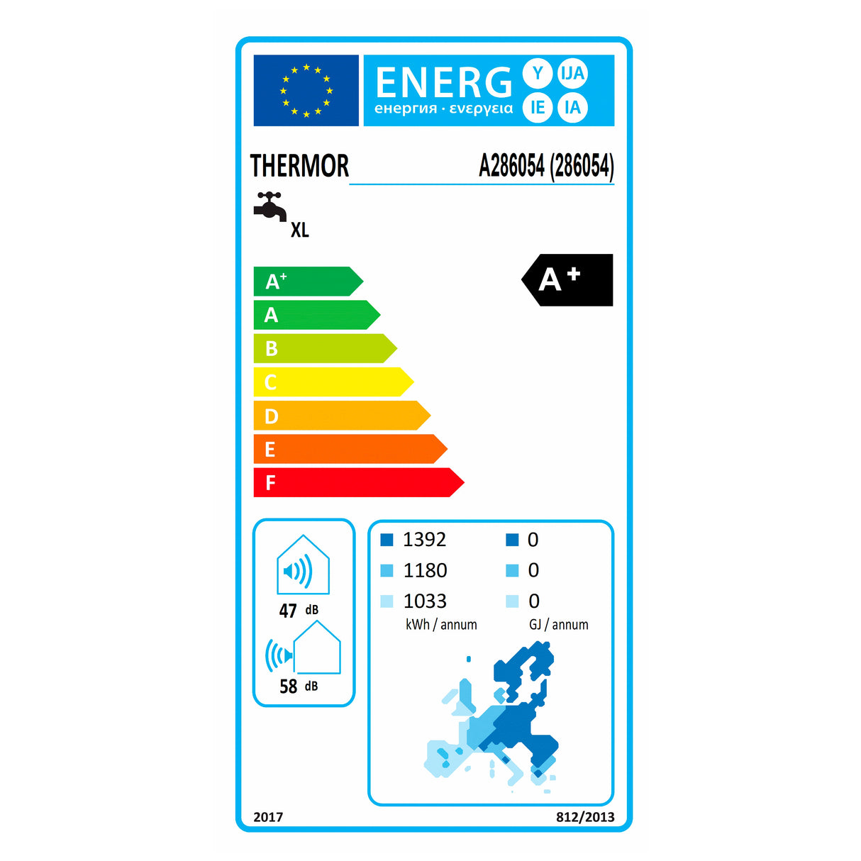 Étiquette énergie chauffe-eau blanc Thermor, classe A+, consommation annuelle en kWh.