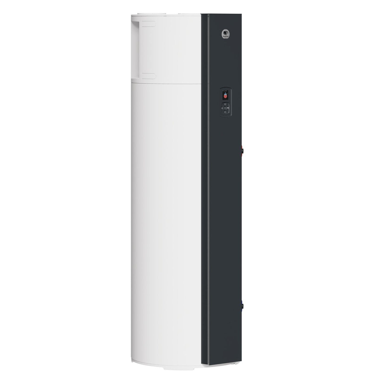 Chauffe-eau thermodynamique Atlantic, blanc et noir, vue latérale du produit.