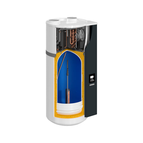 Chauffe-eau thermodynamique blanc Atlantic, vue coupe avec intérieur bleu et jaune.