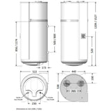 Schéma blanc du chauffe-eau Atlantic, modèle vertical, dimensions et raccordements indiqués.
