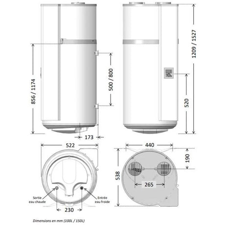 Schéma blanc du chauffe-eau Atlantic, modèle vertical, dimensions et raccordements indiqués.