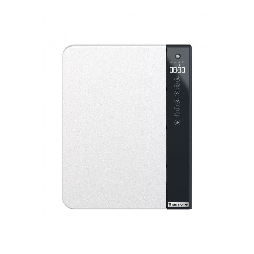 Chauffe-eau Thermor blanc avec panneau de contrôle digital noir, mural compact