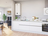 Chauffe-eau vertical blanc Atlantic installé dans une cuisine moderne, marque Atlantic, couleur blanche.