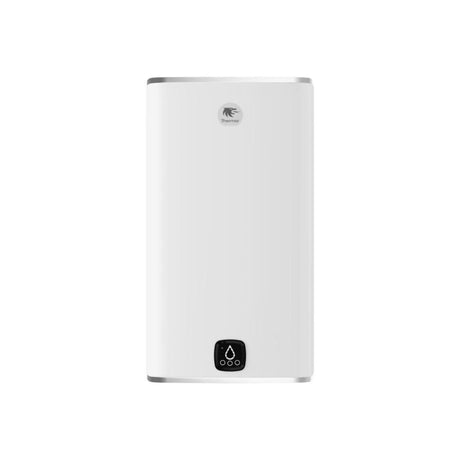 Chauffe-eau Thermor blanc, rectangulaire et mural, avec panneau de contrôle noir.