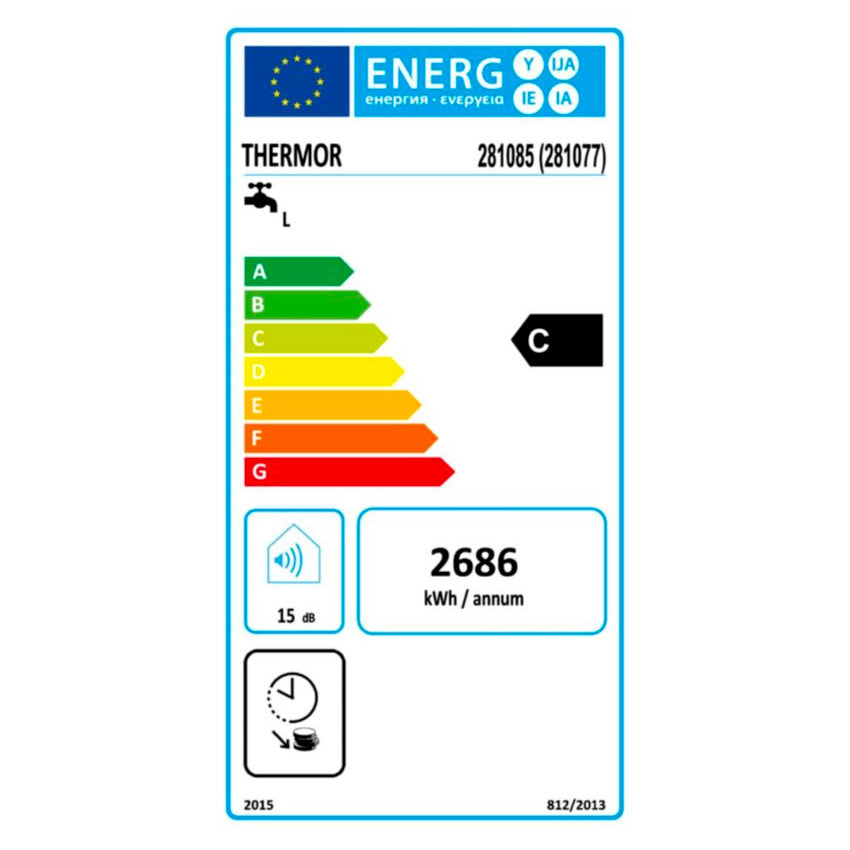 Étiquette énergie Thermor chauffe-eau, classe C, blanc, consommation annuelle 2686 kWh.