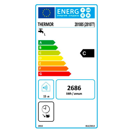 Étiquette énergie Thermor chauffe-eau, classe C, blanc, consommation annuelle 2686 kWh.