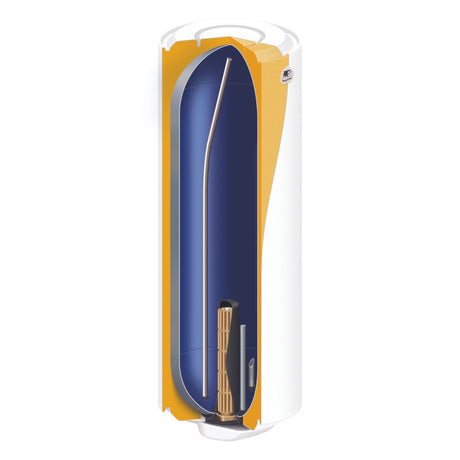 Chauffe-eau Atlantic, ballon d’eau chaude vertical, couleur blanche et bleue, coupe interne