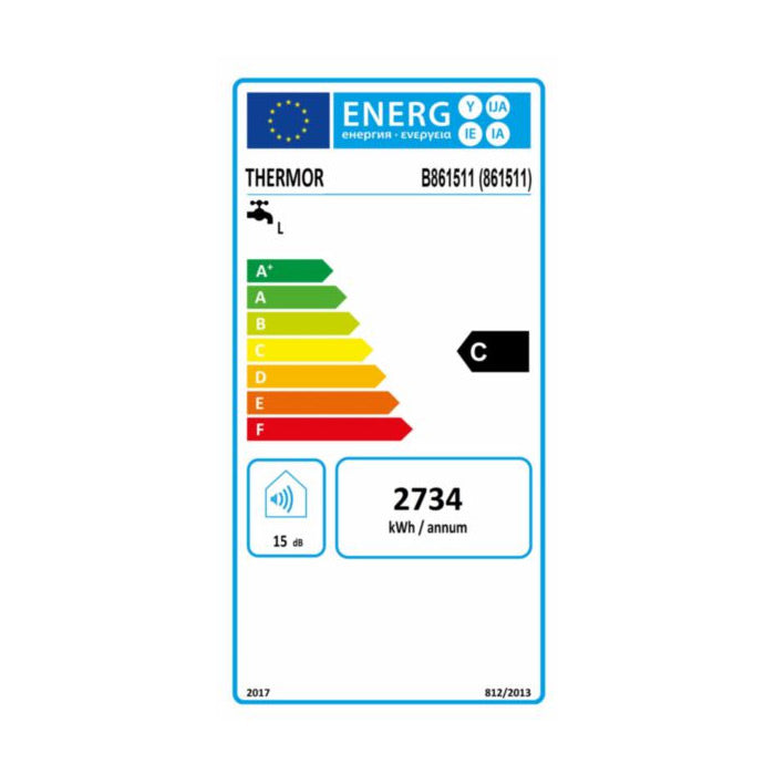 Étiquette énergie Thermor chauffe-eau blanc, classe C, consommation 2734 kWh/an.