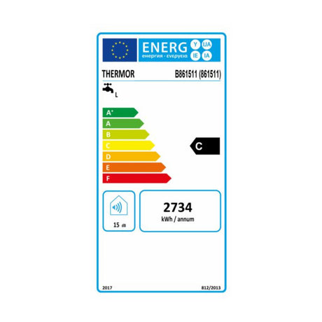 Étiquette énergie Thermor chauffe-eau blanc, classe C, consommation 2734 kWh/an.